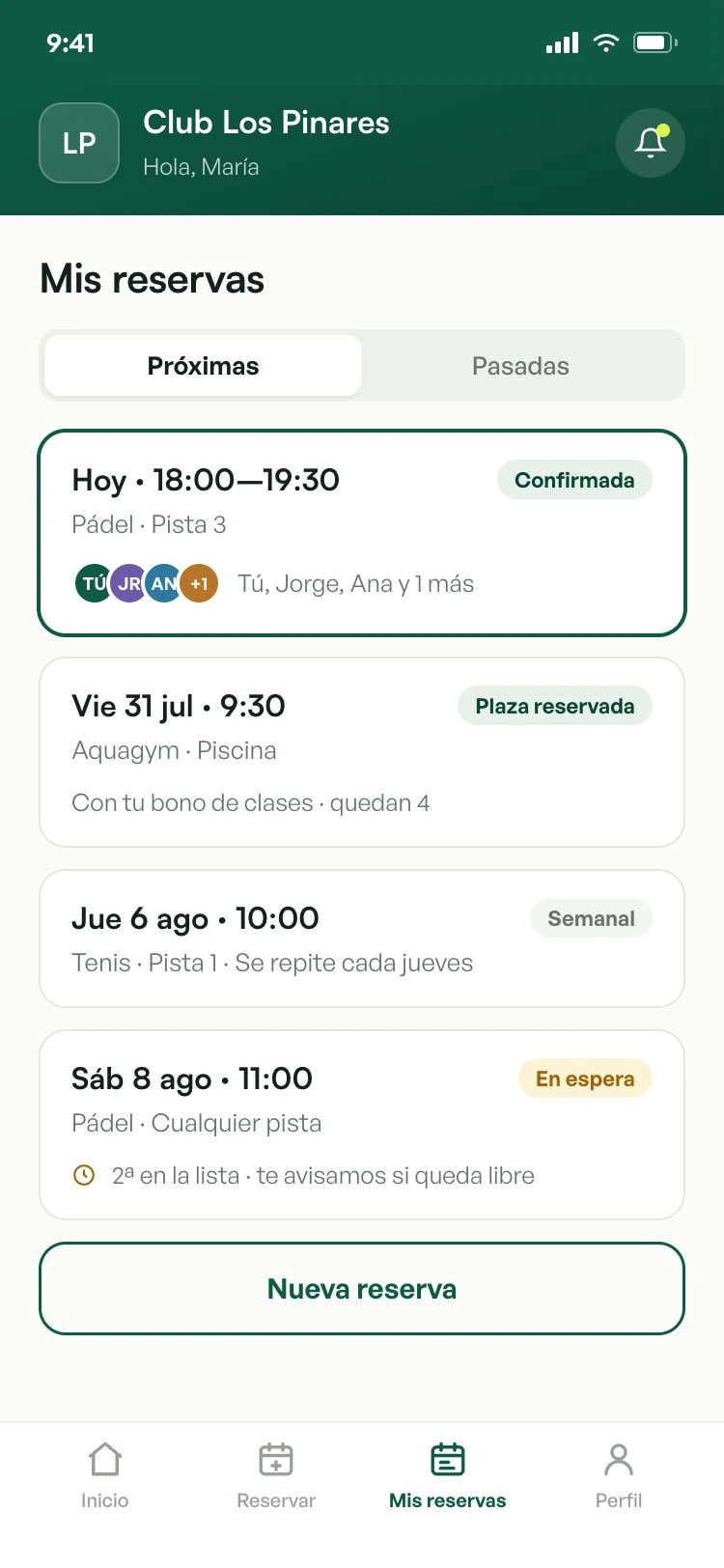 Las próximas reservas de una socia: un partido confirmado, una clase de aquagym, un tenis semanal y una reserva en lista de espera